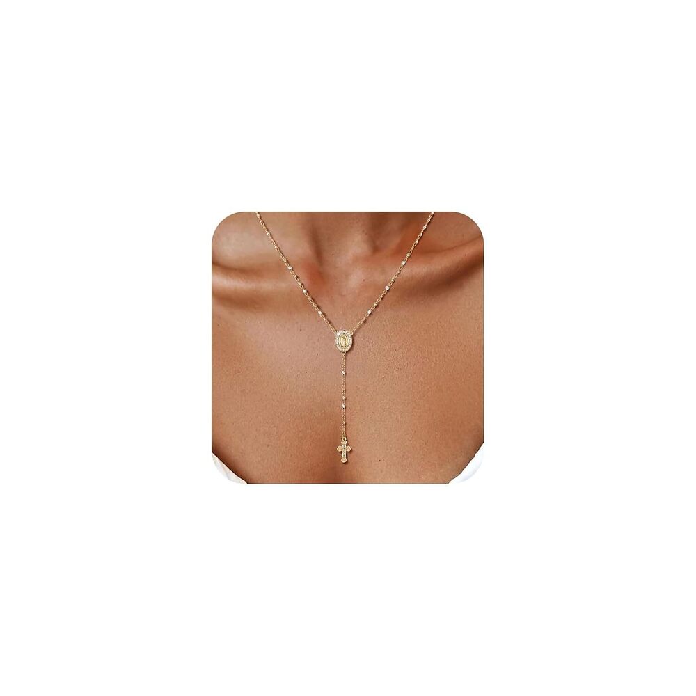 Women's Gold Virgin Mary Necklace - 14k Gold Plated Rosary Bead Cross